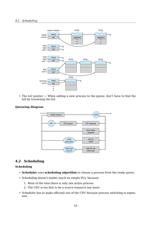 3.7 Classical IPC Problems
Where’s the problem?
• the barber saw an empty room right before a customer arrives the waiting room;
• Several customer could race for a single chair;
Solution
1 #define CHAIRS 5
2 semaphore customers = 0; // any customers or not?
3 semaphore bber = 0; // barber is busy
4 semaphore mutex = 1;
5 int waiting = 0; // queueing customers
1 void barber(void)
2 {
3 while (TRUE) {
4 wait(customers);
5 wait(mutex);
6 waiting--;
7 signal(mutex);
8 signal(bber);
9 cutHair();
10 }
11 }
1 void customer(void)
2 {
3 wait(mutex);
4 if (waiting == CHAIRS){
5 signal(mutex);
6 goHome();
7 } else {
8 waiting++;
9 signal(customers);
10 signal(mutex);
11 wait(bber);
12 getHairCut();
13 }
14 }
Solution2
1 #define CHAIRS 5
2 semaphore customers = 0;
3 semaphore bber = ???;
4 semaphore mutex = 1;
5 int waiting = 0;
6
7 void barber(void)
8 {
9 while (TRUE) {
10 wait(customers);
11 cutHair();
12 }
13 }
1 void customer(void)
2 {
3 wait(mutex);
4 if (waiting == CHAIRS){
5 signal(mutex);
6 goHome();
7 } else {
8 waiting++;
9 signal(customers);
10 signal(mutex);
11 wait(bber);
12 getHairCut();
13 wait(mutex);
14 waiting--;
15 signal(mutex);
16 signal(bber);
17 }
18 }
53
 