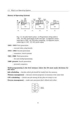 1.1 What’s an Operating System
Hardware
Hardware control
Device drivers
Character
devices
Block
devices
Buﬀer
cache
File subsystem
VFS
NFS · · · Ext2 VFAT
Process control
subsystem
Inter-process
communication
Scheduler
Memory
management
System call interface
Libraries
Kernel level
Hardware level
User level
Kernel level
User programs
trap
trap
6
 