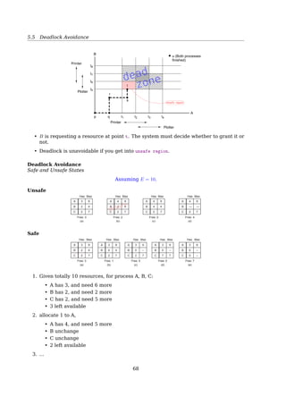 5.4 Deadlock Detection and Recovery
E: a vector of existing resources
• E = [E1, E2, ..., Em]
• Ei = 2 means system has 2 resources of class i, (1 ≤ i ≤ m);
A: a vector of available resources;
• A = [A1, A2, ...Am]
• Ai = 2 means system has 2 resources of class i left unassigned;
Cij: is the number of instances of resource j that process i holds;
e.g. C31 = 2 means P3 has 2 resources of class 1;
Rij: is the number of instances of resource j that process i wants;
e.g. R43 = 2 means P4 wants 2 resources of class 3;
Maths recall: vectors comparison
For two vectors, X and Y
X ≤ Y iﬀ Xi ≤ Yi for 0 ≤ i ≤ m
e.g. [
1 2 3 4
]
≤
[
2 3 4 4
]
[
1 2 3 4
]
≰
[
2 3 2 4
]
Deadlock Detection
Several Instances of a Resource Type
Tape
drives
PlottersScannersC
D
R
om
s
E = ( 4 2 3 1 )
Tape
drives
PlottersScannersC
D
R
om
s
A = ( 2 1 0 0 )
Current allocation matrix
0
2
0
0
0
1
1
0
2
0
1
0
Request matrix
2
1
2
0
0
1
0
1
0
1
0
0
R =C =
Fig. 3-7. An example for the deadlock detection algorithm.
A R
(2 1 0 0) ≥ R3, (2 1 0 0)
(2 2 2 0) ≥ R2, (1 0 1 0)
(4 2 2 1) ≥ R1, (2 0 0 1)
68
 