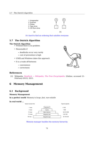 5.6 Deadlock Prevention
D → A → B, C, E
D → E → A → B, C
Deadlock Avoidance
Mission Impossible
In practice
• processes rarely know in advance their max future resource needs;
• the number of processes is not ﬁxed;
• the number of available resources is not ﬁxed.
Conclusion: Deadlock avoidance is essentially a mission impossible.
5.6 Deadlock Prevention
Deadlock Prevention
Break The Four Conditions
Attacking the Mutual Exclusion Condition
• For example, using a printing daemon to avoid exclusive access to a printer.
• Not always possible
– Not required for sharable resources;
– must hold for nonsharable resources.
• The best we can do is to avoid mutual exclusion as much as possible
– Avoid assigning a resource when not really necessary
– Try to make sure as few processes as possible may actually claim the resource
See also: [19, Sec. 6.6.1, Attacking the Mutual Exclusion Condition, p. 452] for the
printer daemon example.
Attacking the Hold and Wait Condition
Must guarantee that whenever a process requests a resource, it does not hold any other
resources.
Try: the processes must request all their resources before starting execution
if everything is available
then can run
if one or more resources are busy
then nothing will be allocated (just wait)
Problem:
• many processes don’t know what they will need before running
• Low resource utilization; starvation possible
71
 
