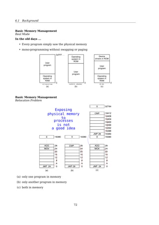 5.7 The Ostrich Algorithm
Attacking the No Preemption Condition
if a process that is holding some resources requests another resource that cannot be
immediately allocated to it
then 1. All resources currently being held are released
2. Preempted resources are added to the list of resources for which the process is
waiting
3. Process will be restarted only when it can regain its old resources, as well as the
new ones that it is requesting
Low resource utilization; starvation possible
Attacking Circular Wait Condition
Impose a total ordering of all resource types, and require that each process requests re-
sources in an increasing order of enumeration
A1. Imagesetter
2. Scanner
3. Plotter
4. Tape drive
5. CD Rom drive
i
B
j
(a) (b)
Fig. 3-13. (a) Numerically ordered resources. (b) A resource
graph.
It’s hard to ﬁnd an ordering that satisﬁes everyone.
5.7 The Ostrich Algorithm
The Ostrich Algorithm
• Pretend there is no problem
• Reasonable if
– deadlocks occur very rarely
– cost of prevention is high
• UNIX and Windows takes this approach
• It is a trade oﬀ between
– convenience
– correctness
References
[1] Wikipedia. Deadlock — Wikipedia, The Free Encyclopedia. [Online; accessed 21-
February-2015]. 2015.
6 Memory Management
72
 