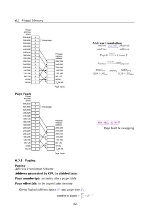 6.2 Contiguous Memory Allocation
6.2 Contiguous Memory Allocation
Contiguous Memory Allocation
Multiple-partition allocation
(a)
Operating
system
;;
;;
A
(b)
Operating
system
;;
;;A
B
(c)
Operating
system
;A
B
C
(d)
Time
Operating
system;;
;;;;
;;B
C
(e)
D
Operating
system
;;
;;
B
C
(f)
D
Operating
system
;;
;;;
;;
C
(g)
D
Operating
system
;
A
C
Fig. 4-5. Memory allocation changes as processes come into
memory and leave it. The shaded regions are unused memory.
Operating system maintains information about:
a allocated partitions
b free partitions (hole)
Dynamic Storage-Allocation Problem
First Fit, Best Fit, Worst Fit
1000 10000 5000 200
150
150 1509850
leftover
50
leftover
first
fit
worst fit
best fit
First-ﬁt: The ﬁrst hole that is big enough
Best-ﬁt: The smallest hole that is big enough
• Must search entire list, unless ordered by size
• Produces the smallest leftover hole
Worst-ﬁt: The largest hole
• Must also search entire list
• Produces the largest leftover hole
• First-ﬁt and best-ﬁt better than worst-ﬁt in terms of speed and storage utilization
• First-ﬁt is generally faster
82
 