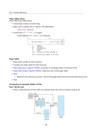 6.3 Virtual Memory
Virtual
address
space
Physical
memory
address
60K-64K
56K-60K
52K-56K
48K-52K
44K-48K
40K-44K
36K-40K
32K-36K
28K-32K
24K-28K
20K-24K
16K-20K
12K-16K
8K-12K
4K-8K
0K-4K
28K-32K
24K-28K
20K-24K
16K-20K
12K-16K
8K-12K
4K-8K
0K-4K
Virtual page
Page frame
X
X
X
X
7
X
5
X
X
X
3
4
0
6
1
2
Fig. 4-10. The relation between virtual addresses and physical
memory addresses is given by the page table.
MOV REG, 32780 ?
Page fault  swapping
6.3.1 Paging
Paging
Address Translation Scheme
Address generated by CPU is divided into:
Page number(p): an index into a page table
Page oﬀset(d): to be copied into memory
Given logical address space (2m
) and page size (2n
),
number of pages =
2m
2n
= 2m−n
Example: addressing to 0010000000000100
m−n=4
0 0 1 0
n=12
0 0 0 0 0 0 0 0 0 1 0 0
m=16
page number = 0010 = 2, page oﬀset = 000000000100
84
 