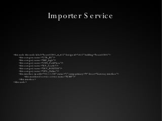 Importer Service <this:node this:node-label="beant32841_rt_612" foreign-id="c612" building="beant32841"> <this:category name="CTR_BE"/> <this:category name="IMP_high"/> <this:category name="CHN_ParkPlaza"/> <this:category name="ISP_Scarlet"/> <this:category name="DEV_ROUTER"/> <this:category name="OPS_Online"/> <this:interface ip-addr="10.1.1.238" status="1" snmp-primary="P" descr="Gateway interface"> <this:monitored-service service-name="ICMP"/> </this:interface> </this:node> 