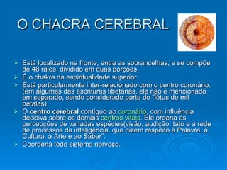 O CHACRA CEREBRAL Está localizado na fronte, entre as sobrancelhas, e se compõe de 48 raios, dividido em duas porções.  É o chakra da espiritualidade superior.  Está particularmente inter-relacionado com o centro coronário. (em algumas das escrituras tibetanas, ele não é mencionado em separado, sendo considerado parte do "lótus de mil pétalas) O  centro cerebral  contíguo ao  coronário , com influência decisiva sobre os demais  centros vitais . Ele ordena as percepções de variadas espécies(visão, audição, tato e a rede de processos da inteligência, que dizem respeito à Palavra, à Cultura, à Arte e ao Saber”. Coordena todo sistema nervoso. 