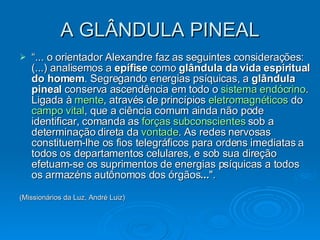 A GLÂNDULA PINEAL “ ... o orientador Alexandre faz as seguintes considerações: (...) analisemos a  epífise  como  glândula da vida espiritual do homem . Segregando energias psíquicas, a  glândula pineal  conserva ascendência em todo o  sistema endócrino . Ligada à  mente , através de princípios  eletromagnéticos  do  campo vital , que a ciência comum ainda não pode identificar, comanda as  forças subconscientes  sob a determinação direta da  vontade . As redes nervosas constituem-lhe os fios telegráficos para ordens imediatas a todos os departamentos celulares, e sob sua direção efetuam-se os suprimentos de energias psíquicas a todos os armazéns autônomos dos órgãos ... ". (Missionários da Luz, André Luiz) 
