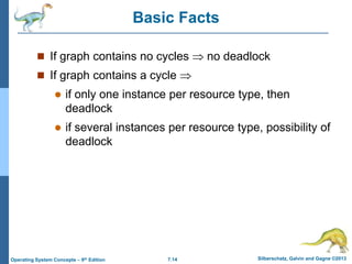7.14 Silberschatz, Galvin and Gagne ©2013
Operating System Concepts – 9th Edition
Basic Facts
 If graph contains no cycles  no deadlock
 If graph contains a cycle 
 if only one instance per resource type, then
deadlock
 if several instances per resource type, possibility of
deadlock
 