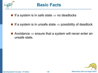 7.20 Silberschatz, Galvin and Gagne ©2013
Operating System Concepts – 9th Edition
Basic Facts
 If a system is in safe state  no deadlocks
 If a system is in unsafe state  possibility of deadlock
 Avoidance  ensure that a system will never enter an
unsafe state.
 