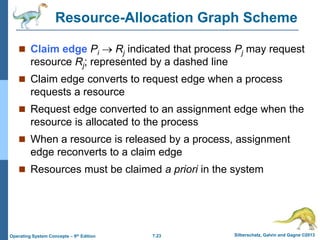 7.23 Silberschatz, Galvin and Gagne ©2013
Operating System Concepts – 9th Edition
Resource-Allocation Graph Scheme
 Claim edge Pi  Rj indicated that process Pj may request
resource Rj; represented by a dashed line
 Claim edge converts to request edge when a process
requests a resource
 Request edge converted to an assignment edge when the
resource is allocated to the process
 When a resource is released by a process, assignment
edge reconverts to a claim edge
 Resources must be claimed a priori in the system
 