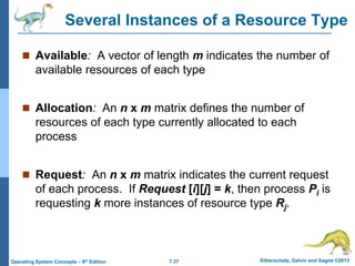 7.37 Silberschatz, Galvin and Gagne ©2013
Operating System Concepts – 9th Edition
Several Instances of a Resource Type
 Available: A vector of length m indicates the number of
available resources of each type
 Allocation: An n x m matrix defines the number of
resources of each type currently allocated to each
process
 Request: An n x m matrix indicates the current request
of each process. If Request [i][j] = k, then process Pi is
requesting k more instances of resource type Rj.
 