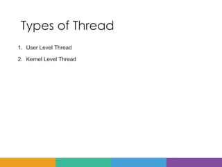 Types of Thread
1. User Level Thread
2. Kernel Level Thread
 