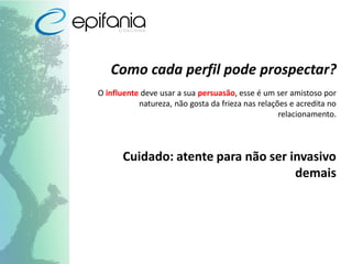 Como cada perfil pode prospectar?
O influente deve usar a sua persuasão, esse é um ser amistoso por
natureza, não gosta da frieza nas relações e acredita no
relacionamento.
Cuidado: atente para não ser invasivo
demais
 