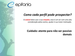 Como cada perfil pode prospectar?
O estável deve usar a sua empatia, esse é um ser com uma alta
consideração pelos outros, ajudar é sua maior motivação.
Cuidado: atente para não ser passivo
demais
 
