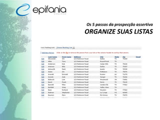 Os 5 passos da prospecção assertiva
ORGANIZE SUAS LISTAS
 