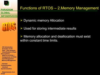 Dynamic memory Allocation Used for storing intermediate results  Memory allocation and deallocation must exist within constant time limits. Functions of RTOS – 2.Memory Management 