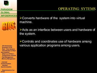 OPERATING  SYTEMS Converts hardware of the  system into virtual machine. Acts as an interface between users and hardware of the system. Controls and coordinates use of hardware among various application programs among users. 