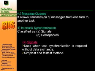 (c)  Message Queues It allows transmission of messages from one task to another task. 4)  Intertask Synchronization Classified as  (a) Signals   (b) Semaphores (a)  Signals Used when task synchronization is required  without data exchange. Simplest and fastest method. 