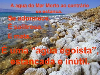 A agua do Mar Morto ao contrário se estanca.  Se adormece.  É salitrosa. E mata.  É uma “agua egoísta”, estancada e inútil.  