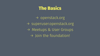 The Basics
→ openstack.org
→ superuser.openstack.org
→ Meetups & User Groups
→ Join the foundation!
 