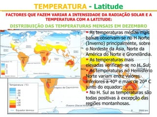 TEMPERATURA - Latitude
FACTORES QUE FAZEM VARIAR A INTENSIDADE DA RADIAÇÃO SOLAR E A
                TEMPERATURA COM A LATITUDE:
 DISTRIBUIÇÃO DAS TEMPERATURAS MENSAIS EM DEZEMBRO
                            • As temperaturas médias mais 
                            baixas observam-se no H Norte 
                            (Inverno) principalmente, sobre 
                            o Nordeste da Ásia, Norte da 
                            América do Norte e Gronelândia.
                            • As temperaturas mais 
                            elevadas verificam-se no H. Sul;
                            • As temperaturas no Hemisfério 
                            Norte variam entre valores 
                            inferiores a 40º e mais de 20ª C 
                            junto do equador;
                            • No H. Sul as temperaturas são 
                            todas positivas à excepção das 
                            regiões montanhosas.
 