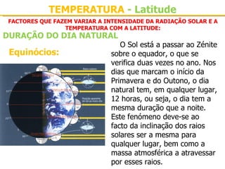 TEMPERATURA - Latitude
 FACTORES QUE FAZEM VARIAR A INTENSIDADE DA RADIAÇÃO SOLAR E A
                 TEMPERATURA COM A LATITUDE:
DURAÇÃO DO DIA NATURAL
                                 O Sol está a passar ao Zénite 
 Equinócios:                  sobre o equador, o que se 
                              verifica duas vezes no ano. Nos 
                              dias que marcam o início da 
                              Primavera e do Outono, o dia 
                              natural tem, em qualquer lugar, 
                              12 horas, ou seja, o dia tem a 
                              mesma duração que a noite. 
                              Este fenómeno deve-se ao 
                              facto da inclinação dos raios 
                              solares ser a mesma para 
                              qualquer lugar, bem como a 
                              massa atmosférica a atravessar 
                              por esses raios.
 