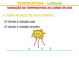 TEMPERATURA - Latitude
  VARIAÇÃO DA TEMPERATURA AO LONGO DO DIA

A TERRA AQUECE DE DUAS FORMAS:

1º Devido à radiação solar 
2º Devido à radiação terrestre
 