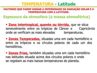 FACTORES QUE FAZEM VARIAR A INTENSIDADE DA RADIAÇÃO SOLAR E A TEMPERATURA COM A LATITUDE: Espessura da atmosfera (a massa atmosférica) TEMPERATURA  - Latitude Zona intertropical, quente ou tórrida,   que se situa  sensivelmente entre os trópicos de Câncer e  Capricórnio onde se verificam as mais elevadas  temperaturas. Zonas Temperadas,   situadas uma em cada hemisfério e  entre os trópicos e os círculos polares de cada um dos  hemisférios. Zonas Frias,   também situadas uma em cada hemisfério  nas latitudes situada acima dos círculos polares e onde  se registam as mais baixas temperaturas do planeta. 