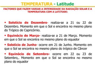 FACTORES QUE FAZEM VARIAR A INTENSIDADE DA RADIAÇÃO SOLAR E A TEMPERATURA COM A LATITUDE: TEMPERATURA  - Latitude Solstício de Dezembro -  realiza-se a 21 ou 22 de Dezembro. Momento em que o Sol e encontra no mesmo plano do Trópico de Capricórnio. Equinócio de Março-   realiza-se a 21 de Março. Momento em que o Sol se encontra no mesmo plano do equador Solstício de Junho -  ocorre em 21 de Junho. Momento em que o Sol se encontra no mesmo plano do trópico de Câncer Equinócio de Setembro-   ocorre em 22 ou 23 de Setembro,. Momento em que o Sol se encontra no mesmo plano do equador 