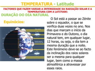FACTORES QUE FAZEM VARIAR A INTENSIDADE DA RADIAÇÃO SOLAR E A TEMPERATURA COM A LATITUDE: Equinócios: O Sol está a passar ao Zénite sobre o equador, o que se verifica duas vezes no ano. Nos dias que marcam o início da Primavera e do Outono, o dia natural tem, em qualquer lugar, 12 horas, ou seja, o dia tem a mesma duração que a noite. Este fenómeno deve-se ao facto da inclinação dos raios solares ser a mesma para qualquer lugar, bem como a massa atmosférica a atravessar por esses raios. DURAÇÃO DO DIA NATURAL TEMPERATURA  - Latitude 