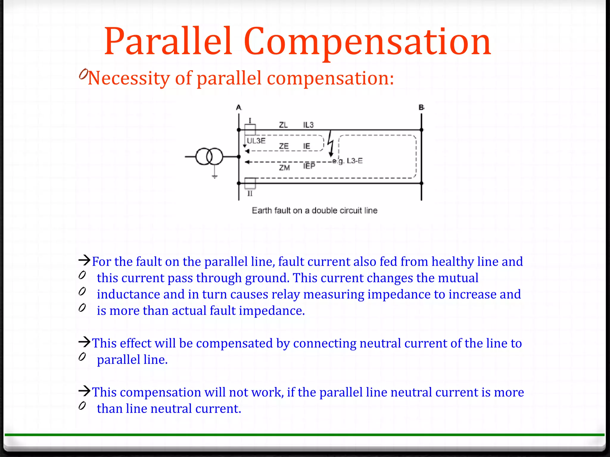 Parallel Compensation
0Necessity of parallel compensation:




For the fault on the parallel line, fault current also fed from healthy line and
0 this current pass through ground. This current changes the mutual
0 inductance and in turn causes relay measuring impedance to increase and
0 is more than actual fault impedance.

This effect will be compensated by connecting neutral current of the line to
0 parallel line.

This compensation will not work, if the parallel line neutral current is more
0 than line neutral current.
 