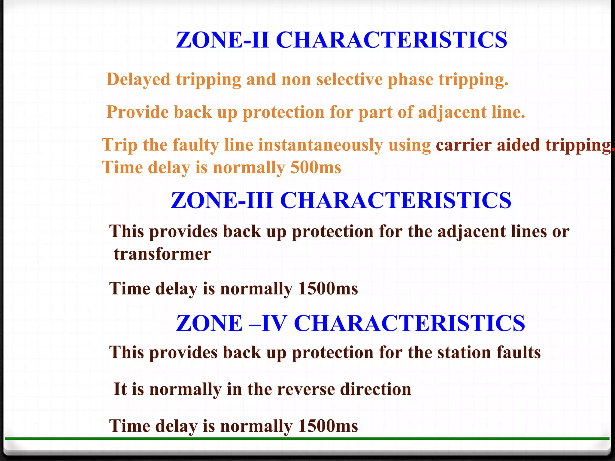 ZONE-II CHARACTERISTICS
Delayed tripping and non selective phase tripping.
Provide back up protection for part of adjacent line.
Trip the faulty line instantaneously using carrier aided tripping.
Time delay is normally 500ms
        ZONE-III CHARACTERISTICS
This provides back up protection for the adjacent lines or
transformer
Time delay is normally 1500ms
         ZONE –IV CHARACTERISTICS
This provides back up protection for the station faults
 It is normally in the reverse direction
Time delay is normally 1500ms
 