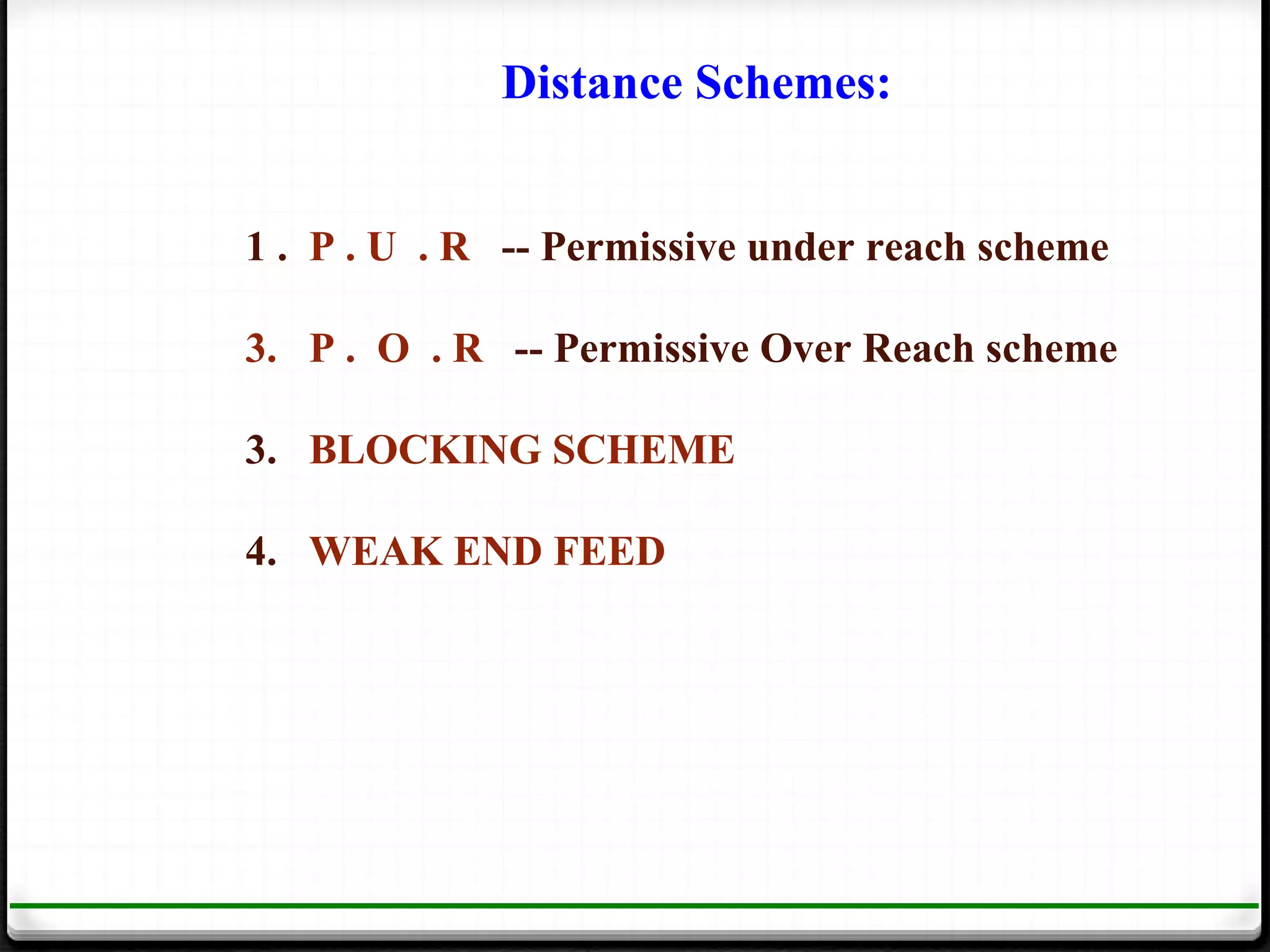 Distance Schemes:


1 . P . U . R -- Permissive under reach scheme

3. P . O . R -- Permissive Over Reach scheme

3. BLOCKING SCHEME

4. WEAK END FEED
 