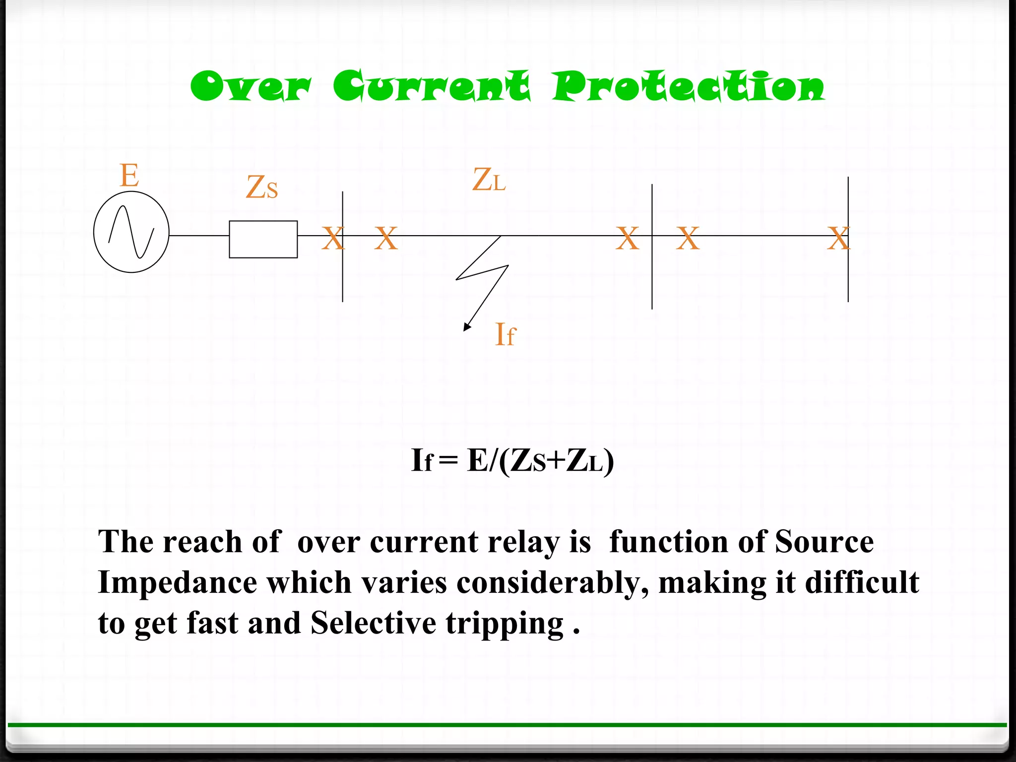 Over Current Protection

 E        ZS             ZL
               X X                    X   X      X

                           If


                     If = E/(ZS+ZL)

The reach of over current relay is function of Source
Impedance which varies considerably, making it difficult
to get fast and Selective tripping .
 