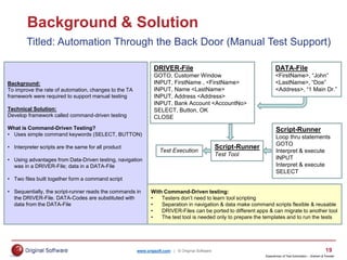 www.origsoft.com | © Original Software 19
Background & Solution
Titled: Automation Through the Back Door (Manual Test Support)
Background:
To improve the rate of automation, changes to the TA
framework were required to support manual testing
Technical Solution:
Develop framework called command-driven testing
What is Command-Driven Testing?
• Uses simple command keywords (SELECT, BUTTON)
• Interpreter scripts are the same for all product
• Using advantages from Data-Driven testing, navigation
was in a DRIVER-File; data in a DATA-File
• Two files built together form a command script
• Sequentially, the script-runner reads the commands in
the DRIVER-File. DATA-Codes are substituted with
data from the DATA-File
With Command-Driven testing:
• Testers don’t need to learn tool scripting
• Separation in navigation & data make command scripts flexible & reusable
• DRIVER-Files can be ported to different apps & can migrate to another tool
• The test tool is needed only to prepare the templates and to run the tests
DRIVER-File
GOTO, Customer Window
INPUT, FirstName , <FirstName>
INPUT, Name <LastName>
INPUT, Address <Address>
INPUT, Bank Account <AccountNo>
SELECT, Button, OK
CLOSE
DATA-File
<FirstName>, “John”
<LastName>, “Doe”
<Address>, “1 Main Dr.”
Script-Runner
Loop thru statements
GOTO
Interpret & execute
INPUT
Interpret & execute
SELECT
Script-Runner
Test Tool
Test Execution
Experiences of Test Automation – Graham & Fewster
 
