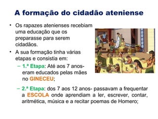 A formação do cidadão ateniense Os rapazes atenienses recebiam uma educação que os preparasse para serem cidadãos.  A sua formação tinha várias etapas e consistia em: 1.ª Etapa : Até aos 7 anos- eram educados pelas mães no  GINECEU ; 2.ª Etapa : dos 7 aos 12 anos- passavam a frequentar a  ESCOLA  onde aprendiam a ler, escrever, contar, aritmética, música e a recitar poemas de Homero; 