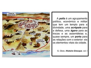 A  polis  é um agrupamento político, económico e militar que tem um templo para a divindade, uma  acrópole  para a defesa, uma  ágora  para as trocas e as assembleias e, quase sempre, um  porto  para as relações com o exterior: eis os elementos vitais da cidade. G. Glotz,  Histoire Grecque , vol. I 