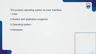 17
The process operating system as User Interface:
1.User
2.System and application programs
3.Operating system
4.Hardware
 