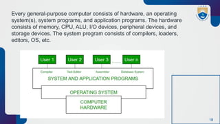 18
Every general-purpose computer consists of hardware, an operating
system(s), system programs, and application programs. The hardware
consists of memory, CPU, ALU, I/O devices, peripheral devices, and
storage devices. The system program consists of compilers, loaders,
editors, OS, etc.
 