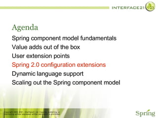Agenda Spring component model fundamentals Value adds out of the box User extension points Spring 2.0 configuration extensions Dynamic language support Scaling out the Spring component model 
