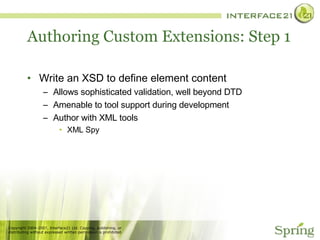 Authoring Custom Extensions: Step 1 Write an XSD to define element content Allows sophisticated validation, well beyond DTD Amenable to tool support during development Author with XML tools XML Spy 
