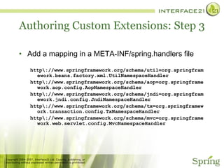 Authoring Custom Extensions: Step 3 Add a mapping in a META-INF/spring.handlers file http\://www.springframework.org/schema/util=org.springframework.beans.factory.xml.UtilNamespaceHandler http\://www.springframework.org/schema/aop=org.springframework.aop.config.AopNamespaceHandler http\://www.springframework.org/schema/jndi=org.springframework.jndi.config.JndiNamespaceHandler http\://www.springframework.org/schema/tx=org.springframework.transaction.config.TxNamespaceHandler http\://www.springframework.org/schema/mvc=org.springframework.web.servlet.config.MvcNamespaceHandler 