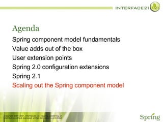 Agenda Spring component model fundamentals Value adds out of the box User extension points Spring 2.0 configuration extensions Spring 2.1 Scaling out the Spring component model 