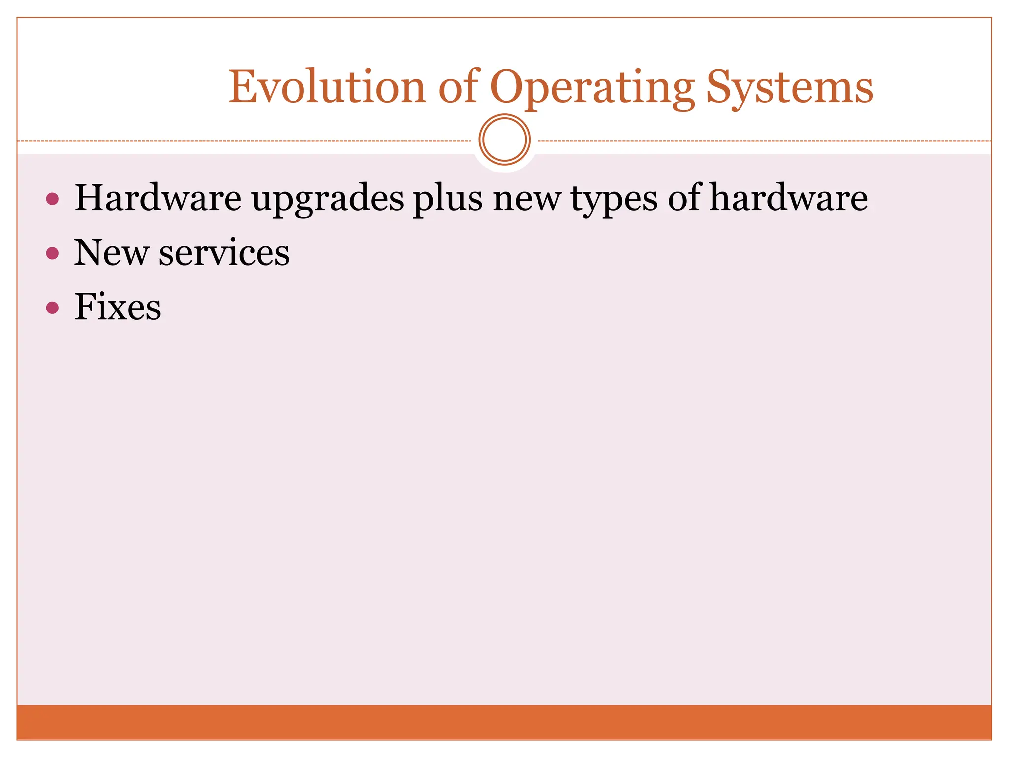 Evolution of Operating Systems
 Hardware upgrades plus new types of hardware
 New services
 Fixes
 
