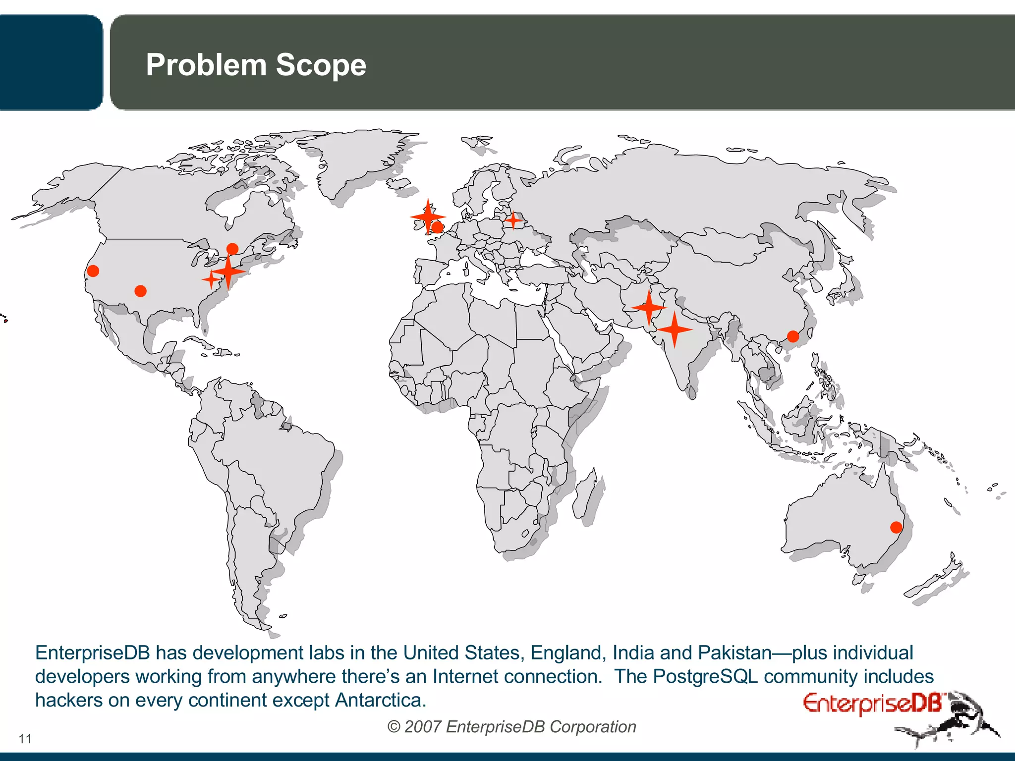 Problem Scope EnterpriseDB has development labs in the United States, England, India and Pakistan—plus individual developers working from anywhere there’s an Internet connection.  The PostgreSQL   community includes hackers on every continent except Antarctica. 