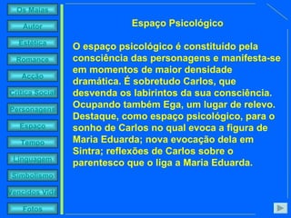 Espaço Psicológico O espaço psicológico é constituído pela consciência das personagens e manifesta-se em momentos de maior densidade dramática. É sobretudo Carlos, que desvenda os labirintos da sua consciência. Ocupando também Ega, um lugar de relevo. Destaque, como espaço psicológico, para o sonho de Carlos no qual evoca a figura de Maria Eduarda; nova evocação dela em Sintra; reflexões de Carlos sobre o parentesco que o liga a Maria Eduarda.  