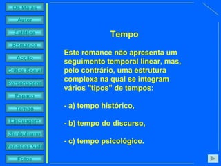 Tempo Este romance não apresenta um seguimento temporal linear, mas, pelo contrário, uma estrutura complexa na qual se integram vários "tipos" de tempos:  - a) tempo histórico,  - b) tempo do discurso, - c) tempo psicológico.  