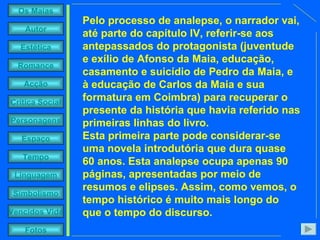 Pelo processo de analepse, o narrador vai, até parte do capítulo IV, referir-se aos antepassados do protagonista (juventude e exílio de Afonso da Maia, educação, casamento e suicídio de Pedro da Maia, e à educação de Carlos da Maia e sua formatura em Coimbra) para recuperar o presente da história que havia referido nas primeiras linhas do livro.  Esta primeira parte pode considerar-se uma novela introdutória que dura quase 60 anos. Esta analepse ocupa apenas 90 páginas, apresentadas por meio de resumos e elipses. Assim, como vemos, o tempo histórico é muito mais longo do que o tempo do discurso.  
