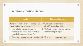 Literatura e crítica literária:
Craft Carlos da Maia
Defende a arte como idealização do
que melhor existe na natureza;
 Considera intolerável a
cientificidade do realismo;
 Não admite o naturalismo: “a
realidade das coisas e da sociedade
estatelada nua num livro…”;
 Defende que os caracteres só se
manifestam pela ação;
 Ambos recusam o ultrarromantismo de Alencar e o exagero de Ega.
 