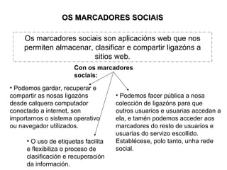 Con os marcadores sociais: OS MARCADORES SOCIAIS Os marcadores sociais son aplicacións web que nos permiten almacenar, clasificar e compartir ligazóns a sitios web. ,[object Object],[object Object],[object Object]