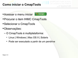 Como iniciar o CmapTools Acessar o menu iniciar  Procurar o item IHMC CmapTools Selecionar o CmapTools Observações: O CmapTools é multiplataforma: Linux | Windows | Mac OS X | Solaris Pode ser executado a partir de um pendrive 